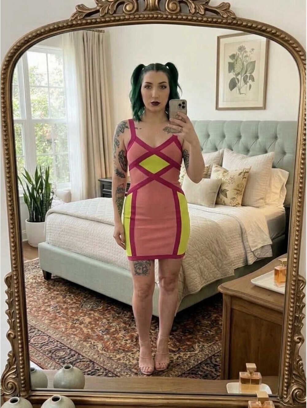 Colorblock Bandage Dress Pink Neon Green Bodycon Mini Dress Size Small